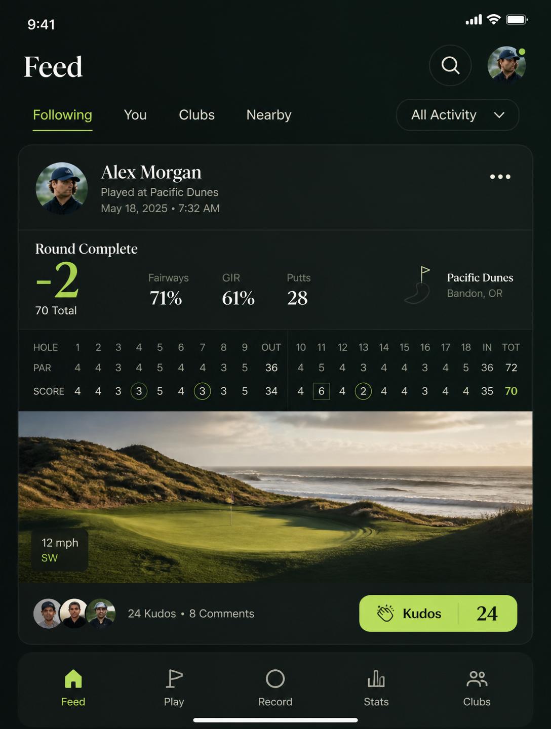 tee2green app feed showing a completed round at Pacific Dunes with scorecard and kudos